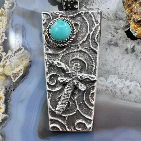 Cheyenne Custer Sterling Silver & Turquoise Dragonfly Tufa Cast Unisex Pendant - Picture 6 of 10
